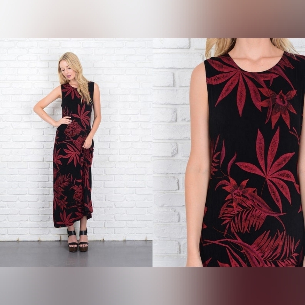 90s Black Maxi Dress Vintage sleeveless Grunge Leaf Fern Medium M vintage dress